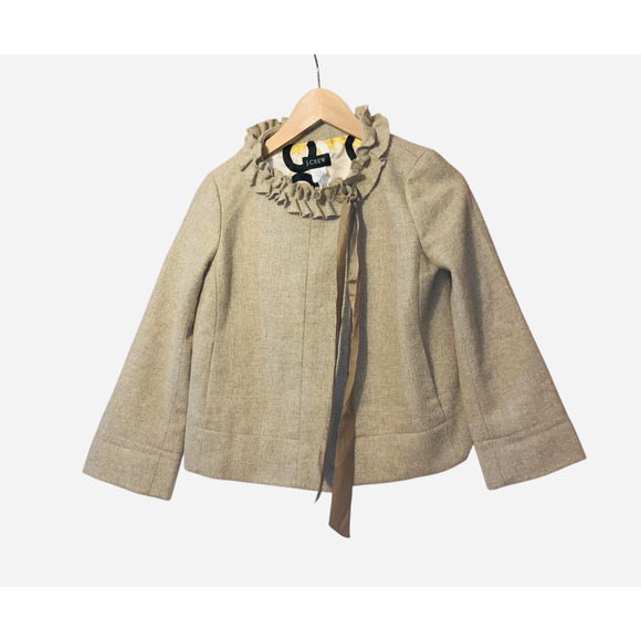 J. Crew Jackets & Blazers - J Crew Coat Womens OP Beige Wool Silk Ruffle Collar Bow Herringbone